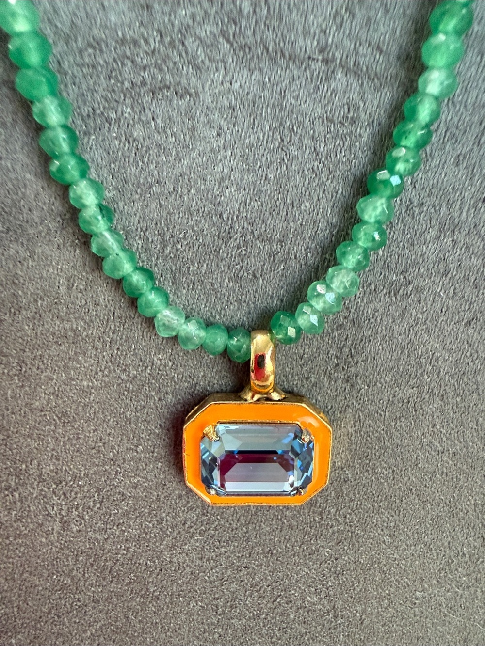 Gold-Accented Green Beaded Necklace with Blue Stone Pendant - Picture 4 of 5